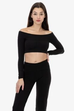 83074GD - Cotton Spandex Long Sleeve Off Shoulder Crop Top -Builtd Store 83074GD Black 1f