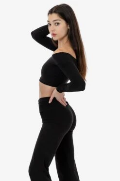 83074GD - Cotton Spandex Long Sleeve Off Shoulder Crop Top -Builtd Store 83074GD Black 2ff