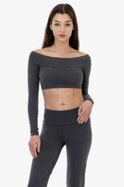 83074GD - Cotton Spandex Long Sleeve Off Shoulder Crop Top -Builtd Store 83074GD Dolphinblue 1f