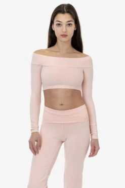 83074GD - Cotton Spandex Long Sleeve Off Shoulder Crop Top -Builtd Store 83074GD seashellpink 1f