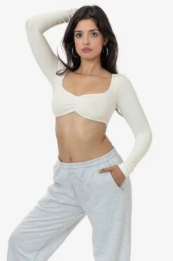 8387GD - Garment Dye Ruched Long Sleeve Micro Crop Top -Builtd Store 8387GD cremes