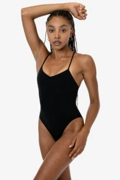 B308GD - Garment Dye Spaghetti Ruched Front Crossback Bodysuit -Builtd Store B308GD BLACK 1k