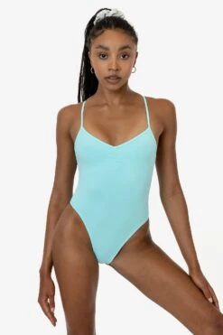 B308GD - Garment Dye Spaghetti Ruched Front Crossback Bodysuit -Builtd Store B308GD aqua 1k