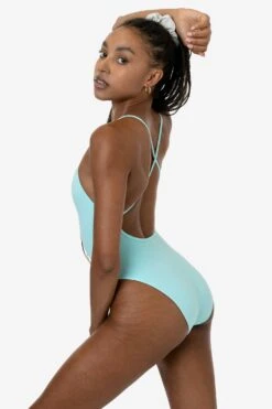 B308GD - Garment Dye Spaghetti Ruched Front Crossback Bodysuit -Builtd Store B308GD aqua 2k