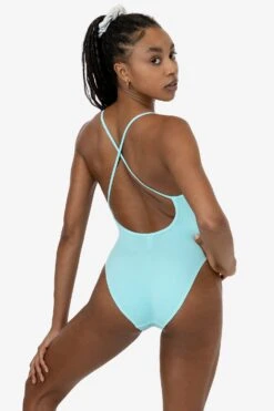 B308GD - Garment Dye Spaghetti Ruched Front Crossback Bodysuit -Builtd Store B308GD aqua 3k