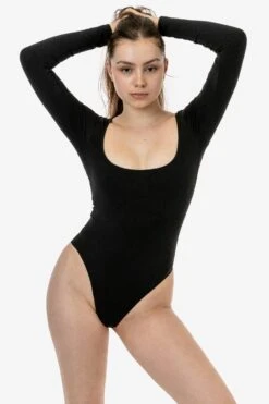B357GD - Garment Dye Long Sleeve Squareneck Thong Bodysuit -Builtd Store B357GD BLACK 1 s