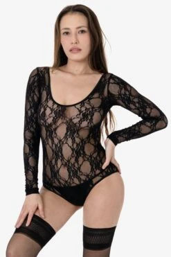 FNS328 - Floral Lace Long Sleeve Scoopneck Bodysuit -Builtd Store FNS328 BLACK 2