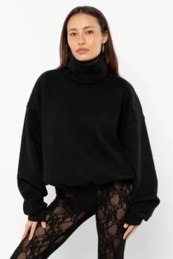 HF-313 - Heavy Fleece Oversized Turtleneck Sweater With Contrast Rib -Builtd Store HF 313 Black3