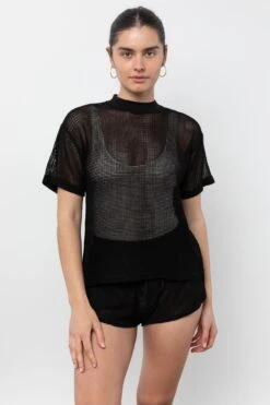 RIN401GD - Cotton Mock Neck Fishnet Garment Dye T-Shirt -Builtd Store RIN401GD Black2