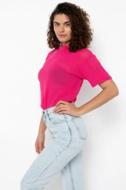 RIN401GD - Cotton Mock Neck Fishnet Garment Dye T-Shirt -Builtd Store RIN401GD FUSCHIA