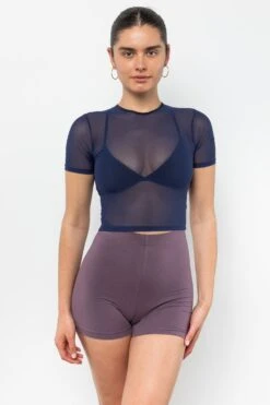 RNS078 - Micromesh Short Sleeve Crop Top Tee Shirt -Builtd Store RNS078 NAVY1