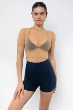 RNS078 - Micromesh Short Sleeve Crop Top Tee Shirt -Builtd Store RNS078 Nude1