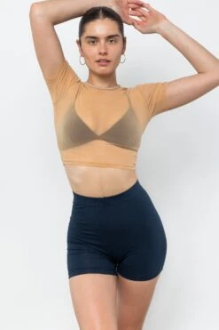RNS078 - Micromesh Short Sleeve Crop Top Tee Shirt -Builtd Store RNS078 Nude3