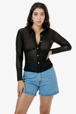RNS745 - Micro Mesh Long Sleeve Button Up -Builtd Store RNS745 BRITTANY BLACK1 1