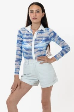 RNS745P - Printed Micro Mesh Long Sleeve Button Up -Builtd Store RURIKA LS 10S