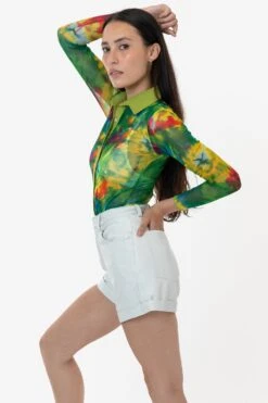 RNS745P - Printed Micro Mesh Long Sleeve Button Up -Builtd Store RURIKA LS 11S