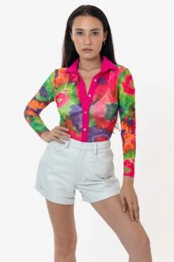 RNS745P - Printed Micro Mesh Long Sleeve Button Up -Builtd Store RURIKA LS 2S