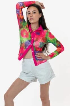 RNS745P - Printed Micro Mesh Long Sleeve Button Up -Builtd Store RURIKA LS 5S