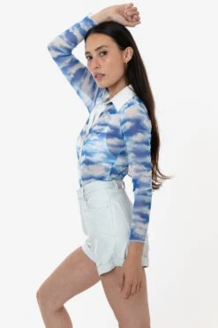 RNS745P - Printed Micro Mesh Long Sleeve Button Up -Builtd Store RURIKA LS 9S