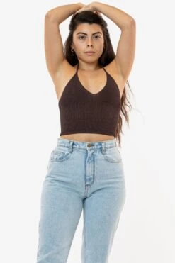 RFK406 - Viscose Nylon Cropped V-Neck Halter Top -Builtd Store halter jean 1