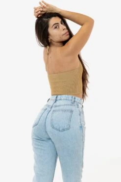 RFK406 - Viscose Nylon Cropped V-Neck Halter Top -Builtd Store halter jean 2