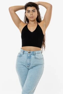 RFK406 - Viscose Nylon Cropped V-Neck Halter Top -Builtd Store halter jean 7