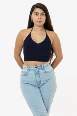 RFK406 - Viscose Nylon Cropped V-Neck Halter Top -Builtd Store halter jean navy