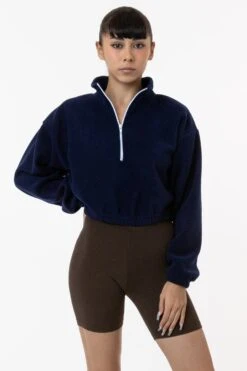 PF306 - Cropped Polar Fleece Half Zip Pullover -Builtd Store yumi navy1
